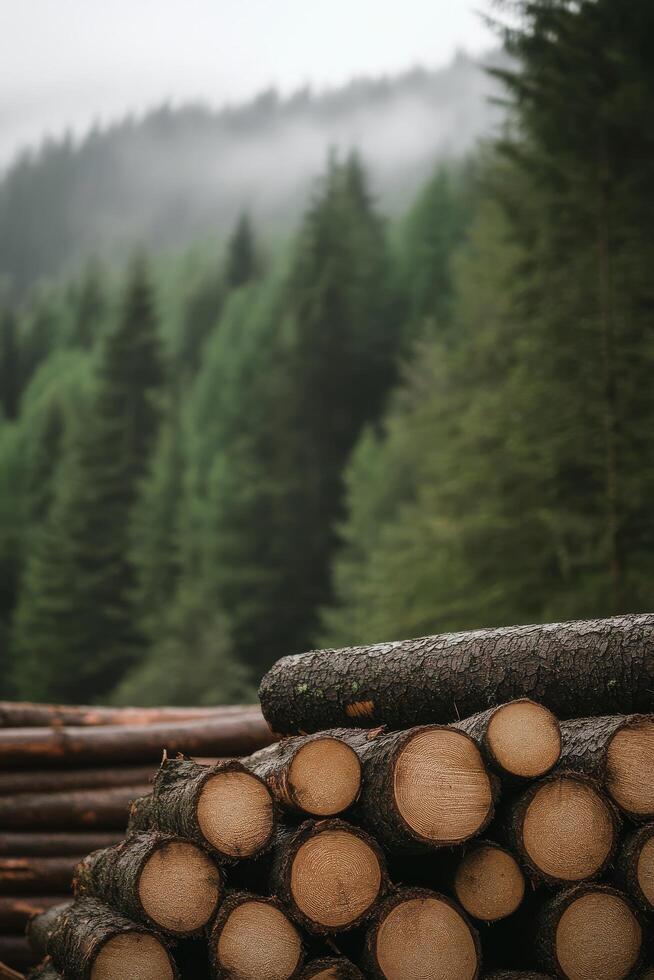Stacked logs resting in a forest with misty mountains in the background during daytime photo