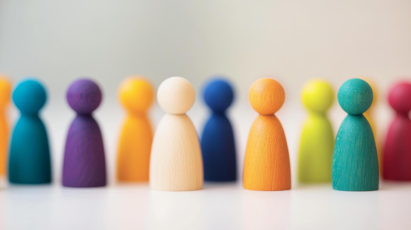 Colorful wooden figures lined up on a neutral background, celebrating diversity and inclusion photo