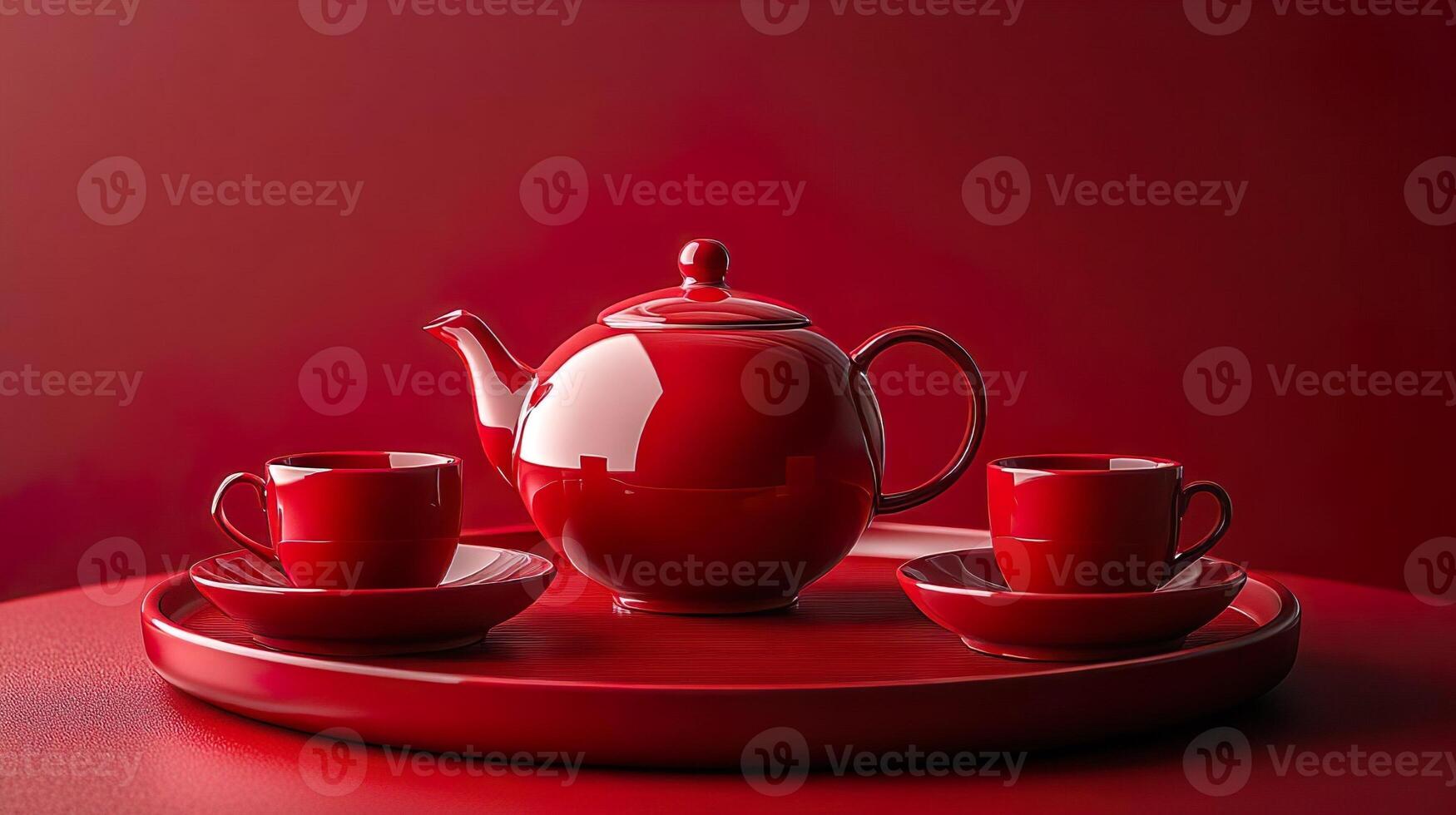 A vibrant red tea set displayed on a round tray red background photo