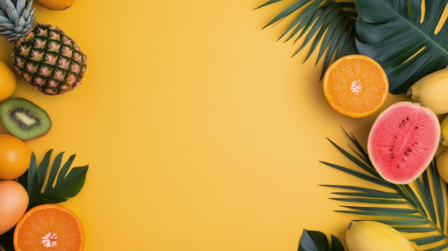 Fresh tropical fruits and green leaves arranged on a vibrant yellow background photo