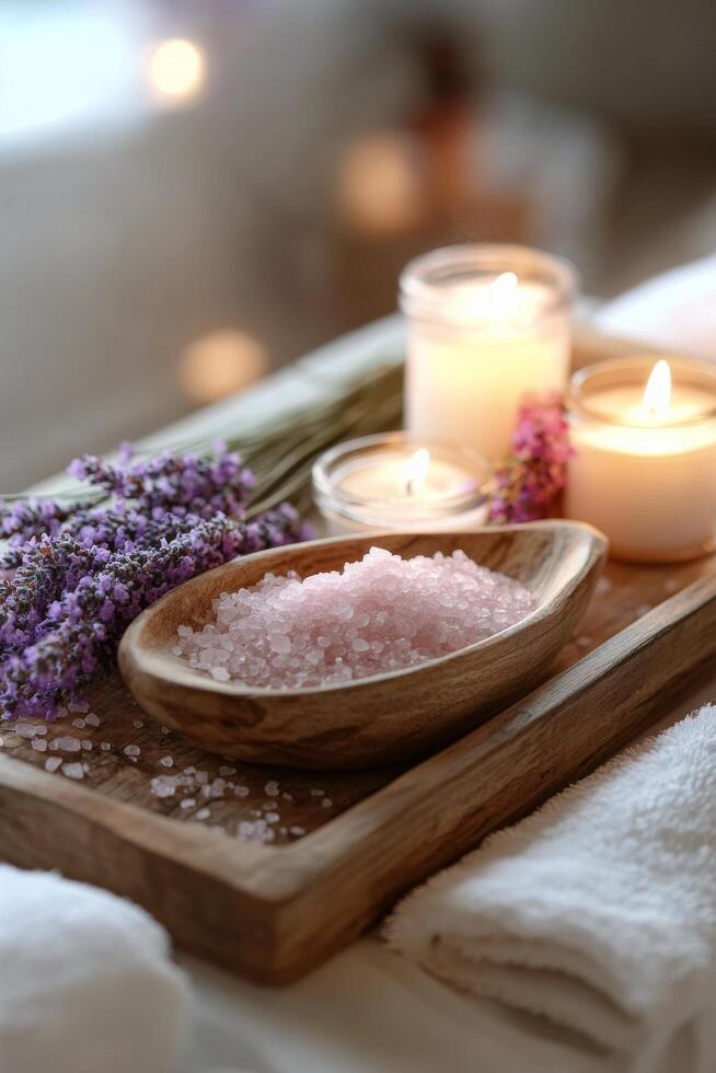 Relaxing spa setting with lavender, candles, and bath salts arranged on a wooden tray photo