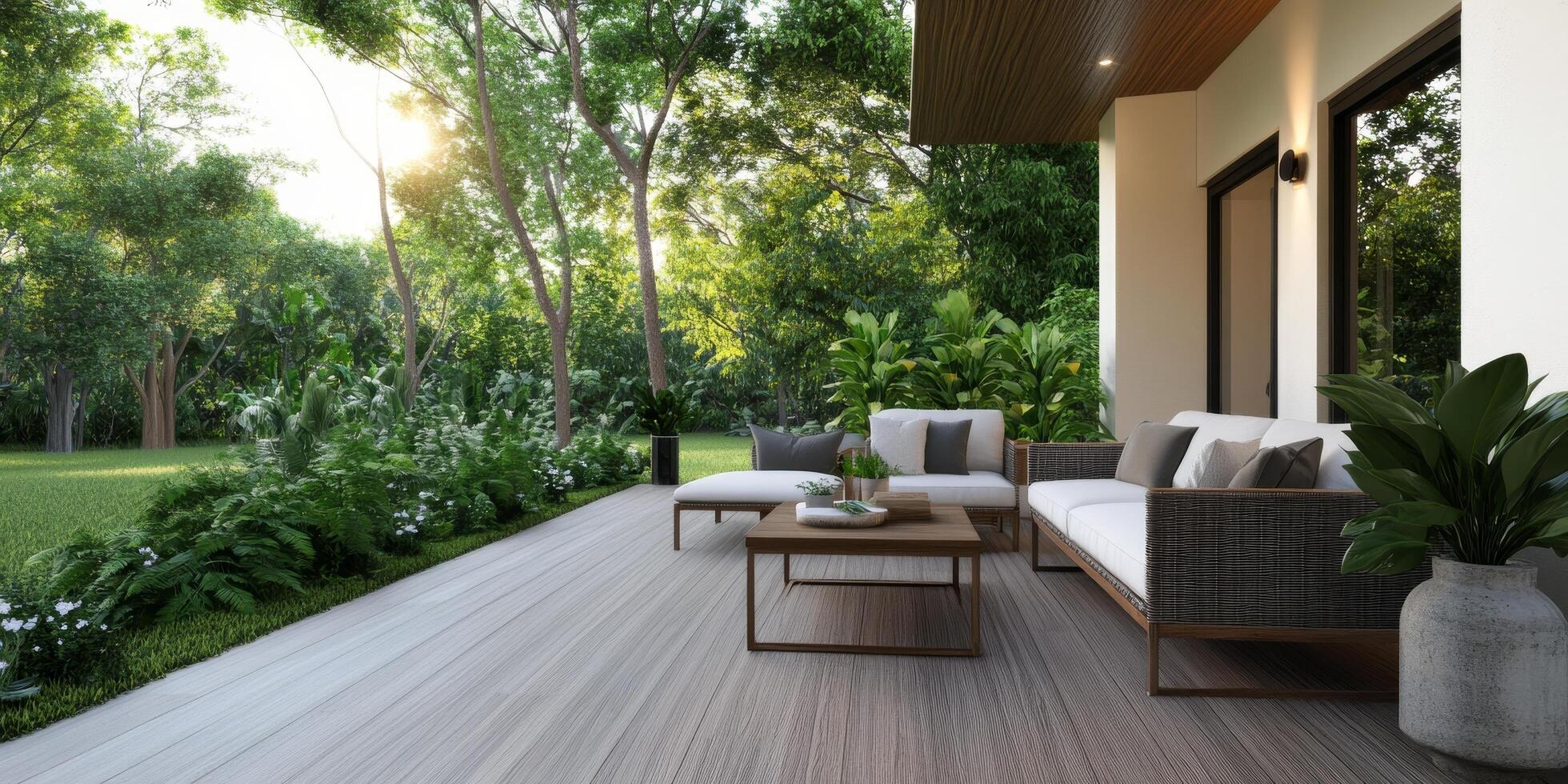 Stylish outdoor living area featuring comfortable seating and lush greenery in a tranquil setting photo
