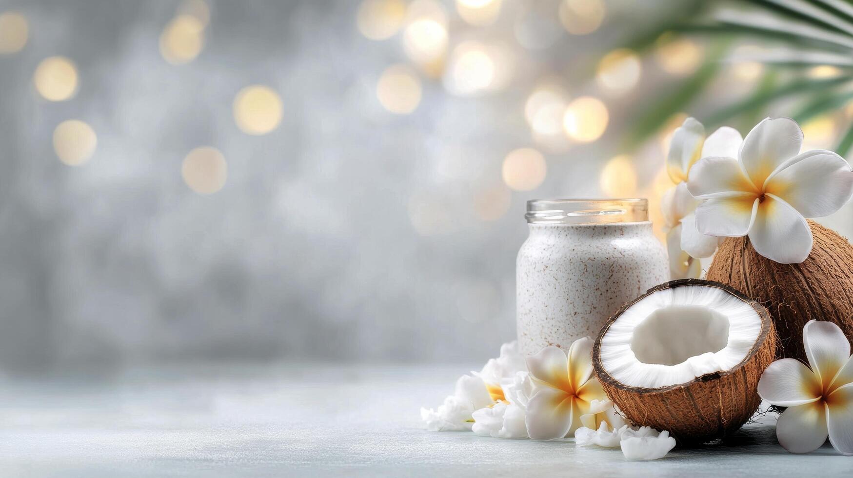 Fresh coconut with flowers and milk on a neutral background in a tropical setting photo