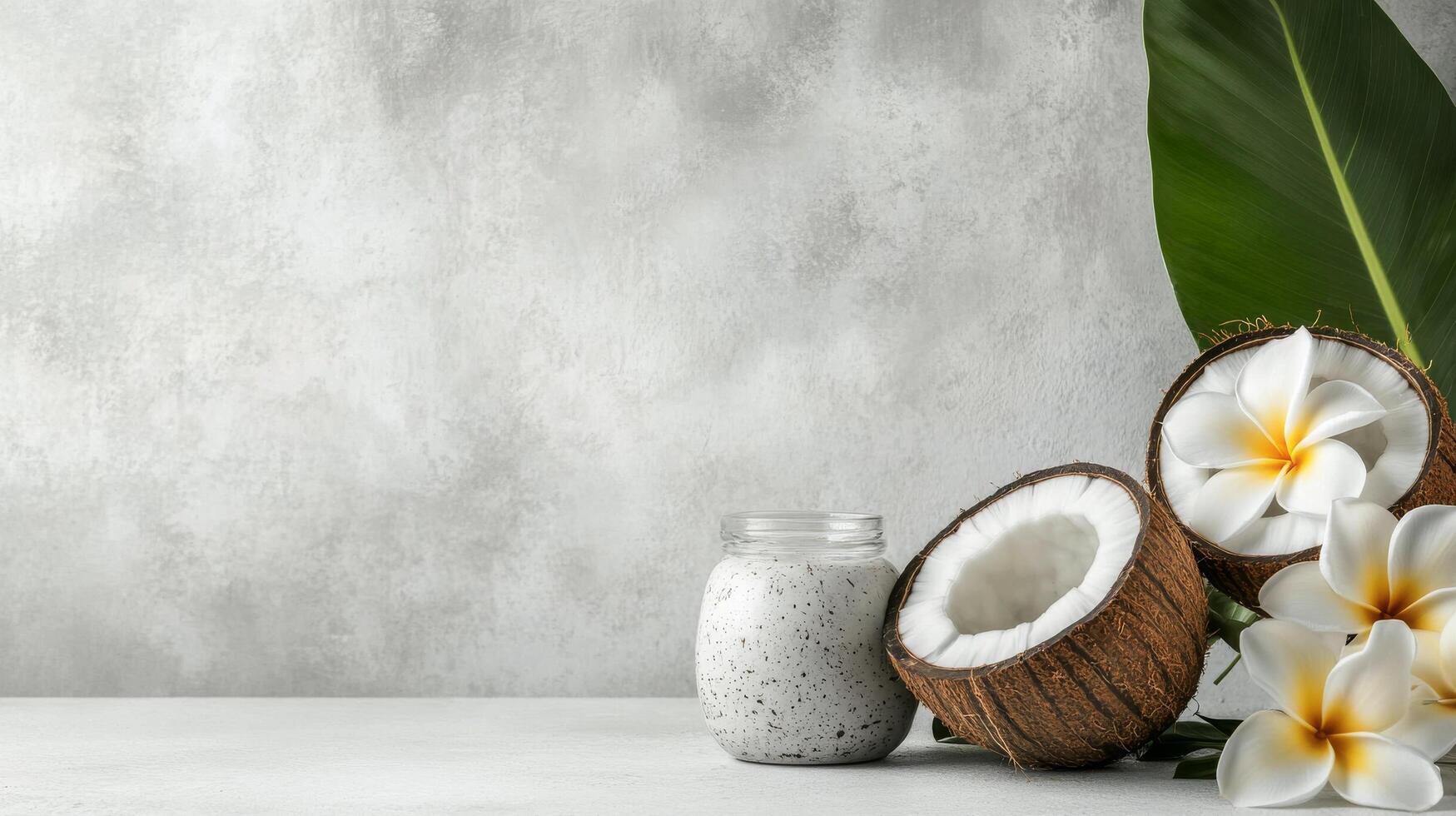 Fresh coconut with flowers and milk on a neutral background in a tropical setting photo
