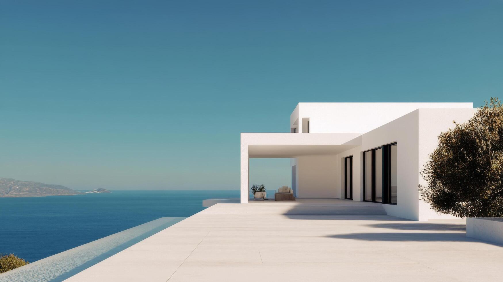 Modern seaside villa with panoramic views overlooking a calm ocean at sunset photo