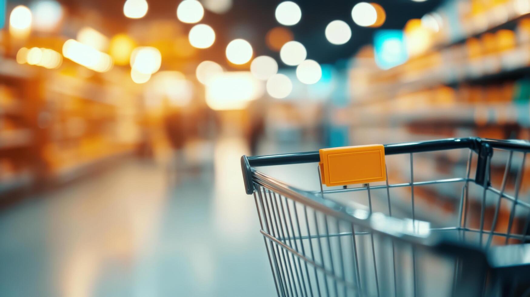 Shopping cart in a grocery store aisle with blurred shelves and vibrant lights during the day photo