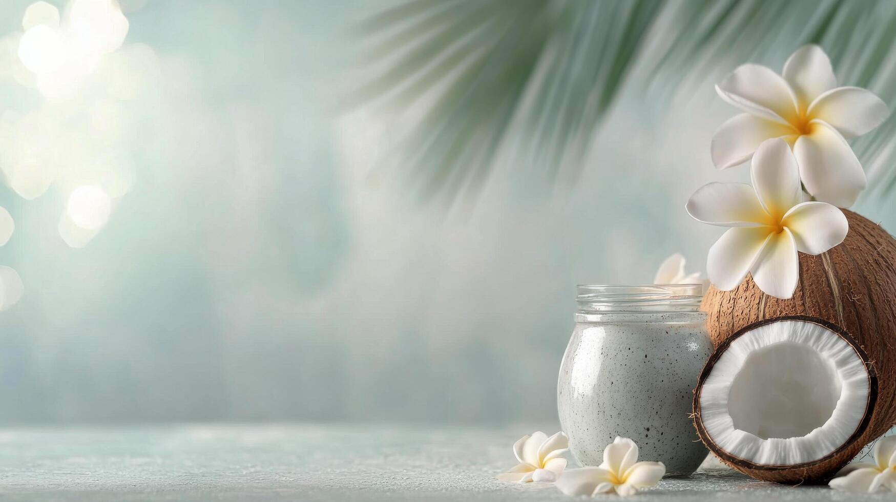 Fresh coconut with flowers and milk on a neutral background in a tropical setting photo