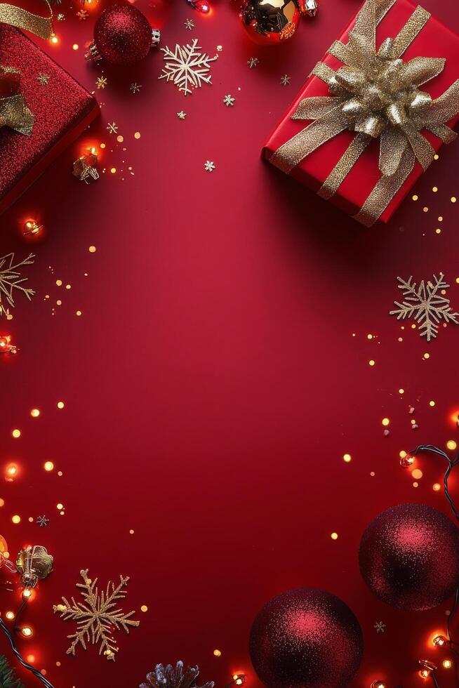 Festive arrangement of Christmas ornaments, a gift box, and snowflakes on a vibrant red background photo