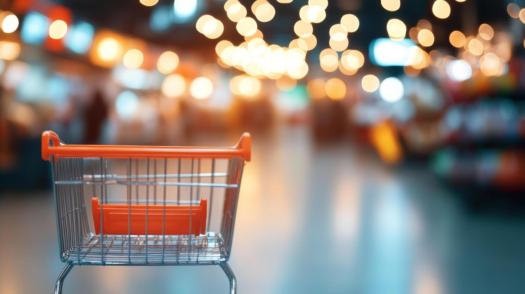 Shopping cart in a grocery store aisle with blurred shelves and vibrant lights during the day photo