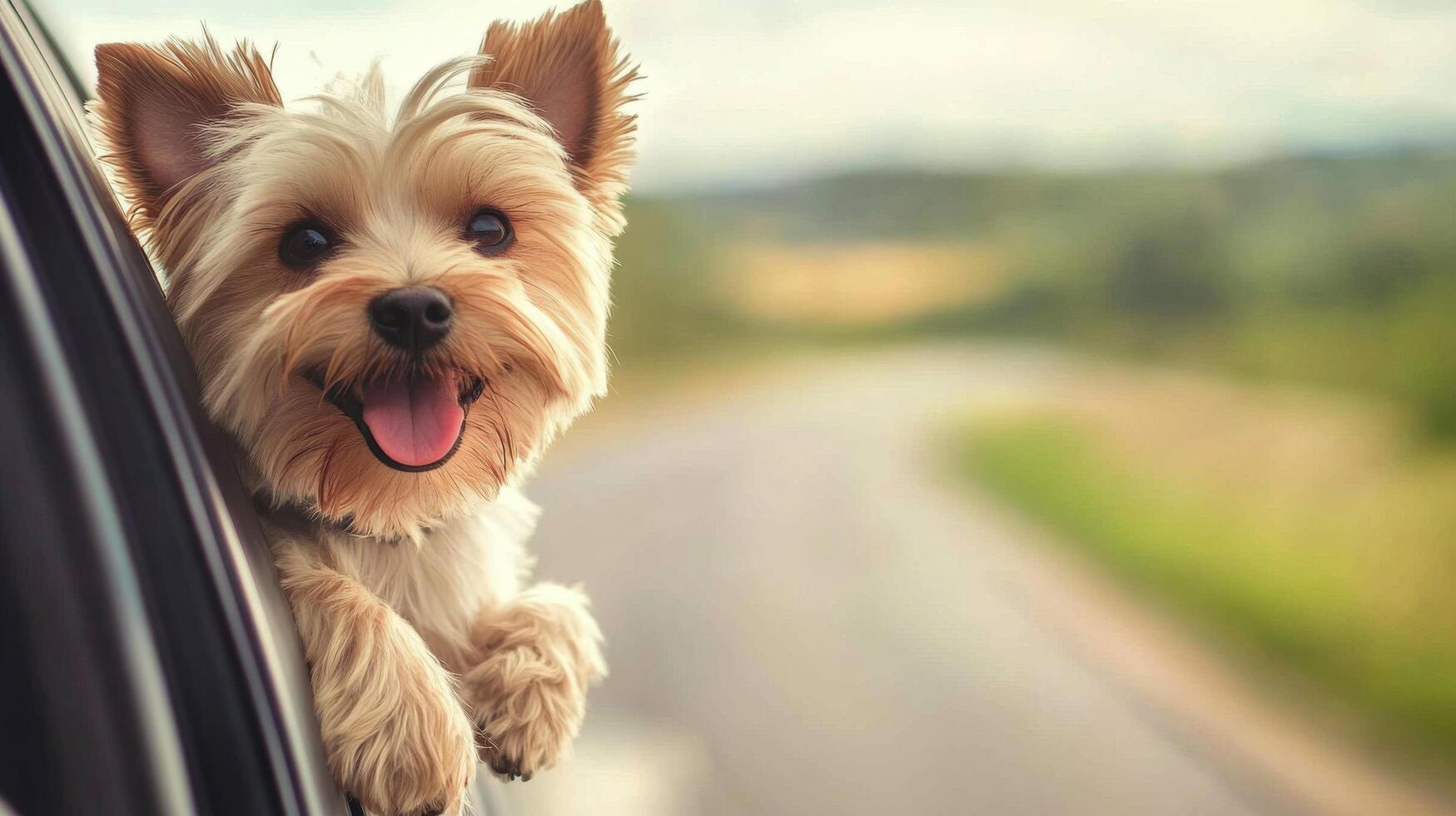 Happy small dog enjoys a car ride with its head out the window on a sunny day photo