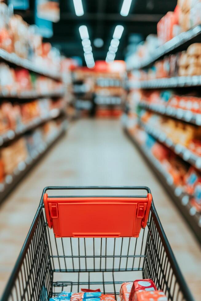 Shopping cart in a grocery store aisle filled with colorful product packages during the day photo