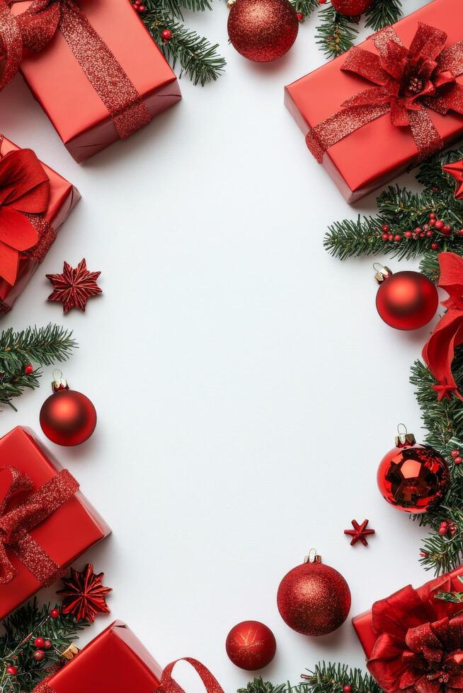 Red Christmas gifts and ornaments beautifully arranged on a white background for celebrations photo