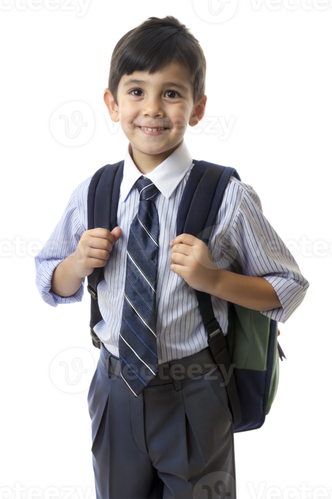 Smiling boy wearing school uniforms and backpacks on transparent background png