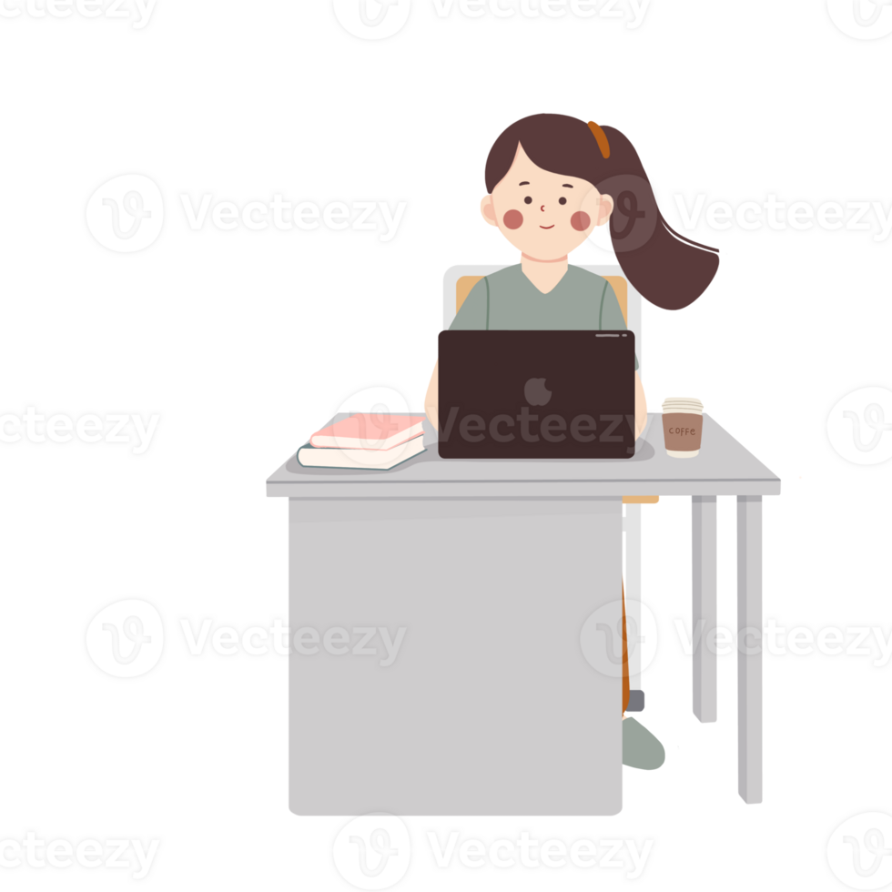 A woman sitting at a desk with a laptop png