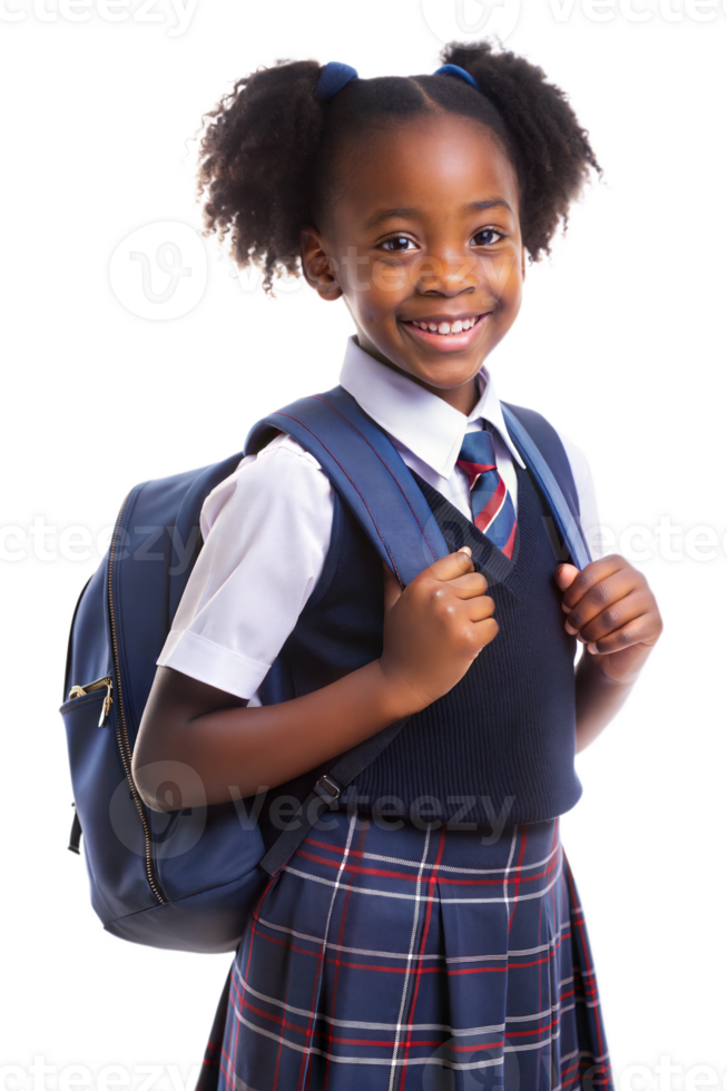 Smiling schoolgirl in uniforms with backpacks on transparent background png
