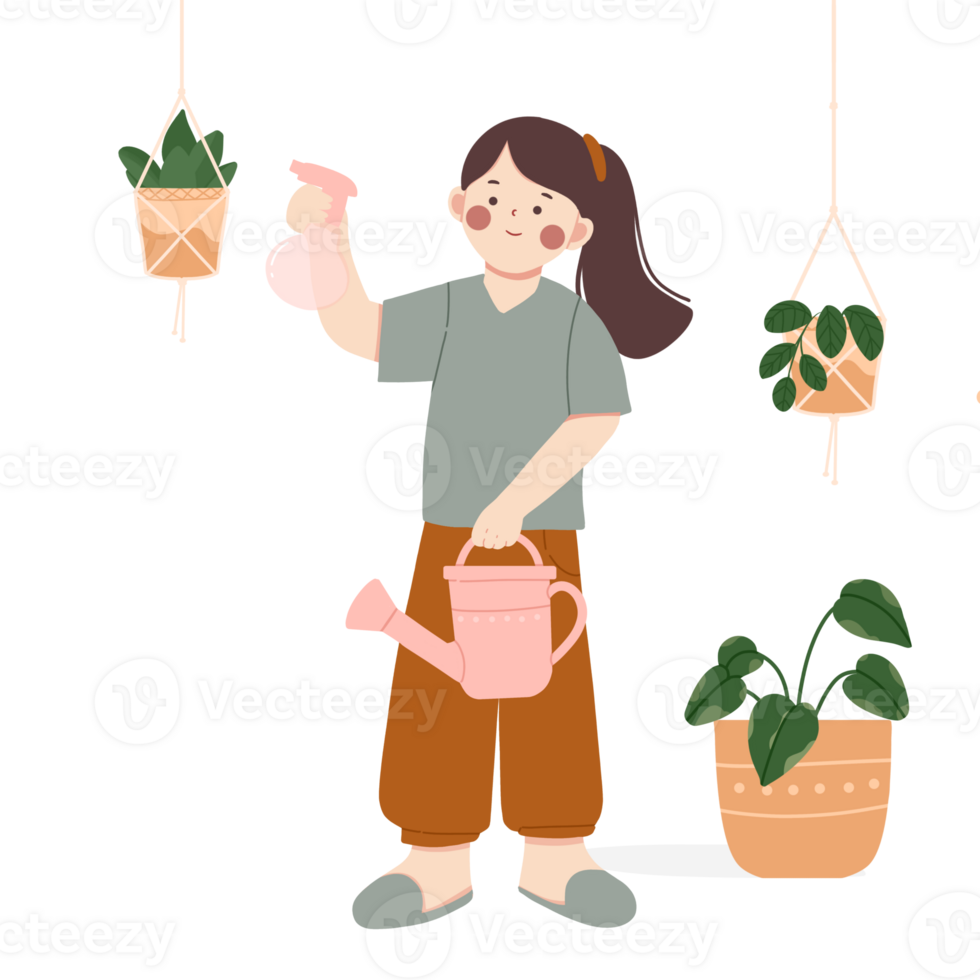 illustration of a woman gardening and watering plants png