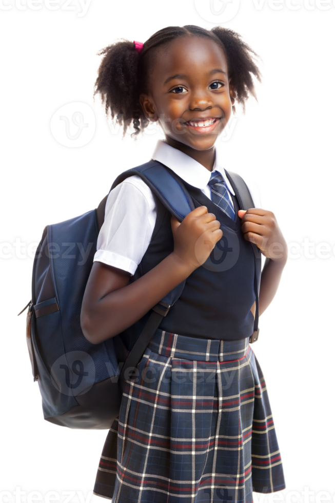 Smiling schoolgirl in uniforms with backpacks on transparent background png