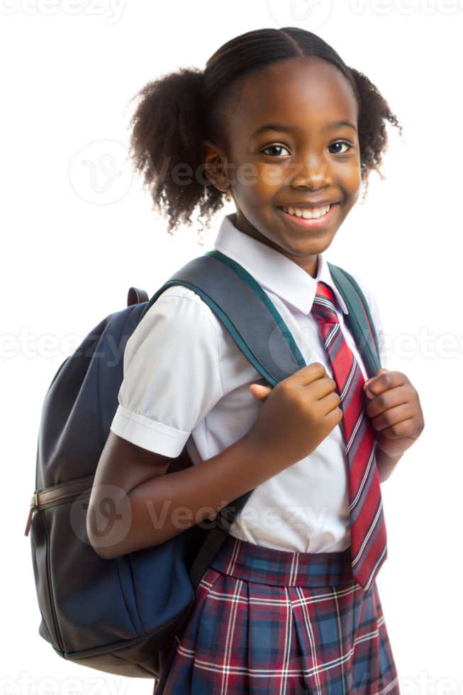 Smiling schoolgirl in uniforms with backpacks on transparent background png