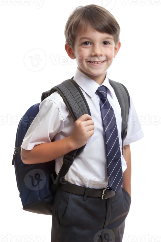 Smiling boy wearing school uniforms and backpacks on transparent background png