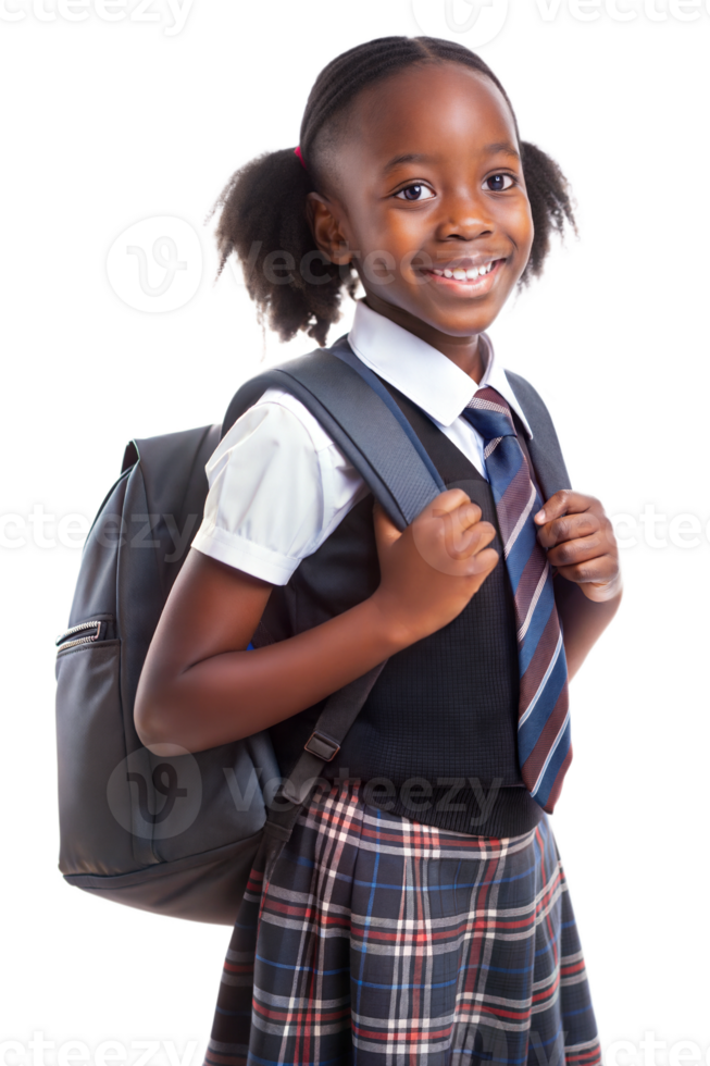 Smiling schoolgirl in uniforms with backpacks on transparent background png