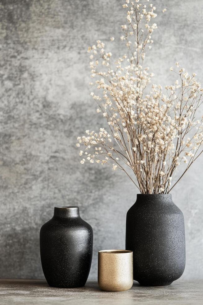 Black vases with dried flowers on a textured dark background in a minimalist style photo