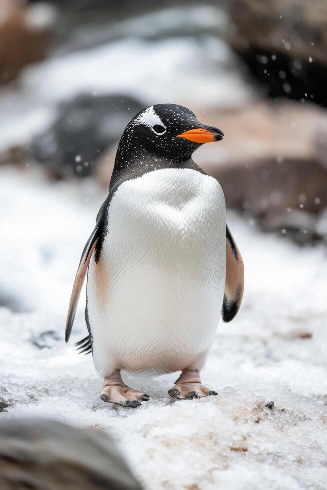 Gentoo penguin standing on snowy landscape with fellow penguins in the background during daylight photo
