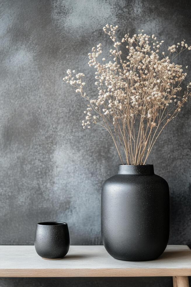 Black vases with dried flowers on a textured dark background in a minimalist style photo