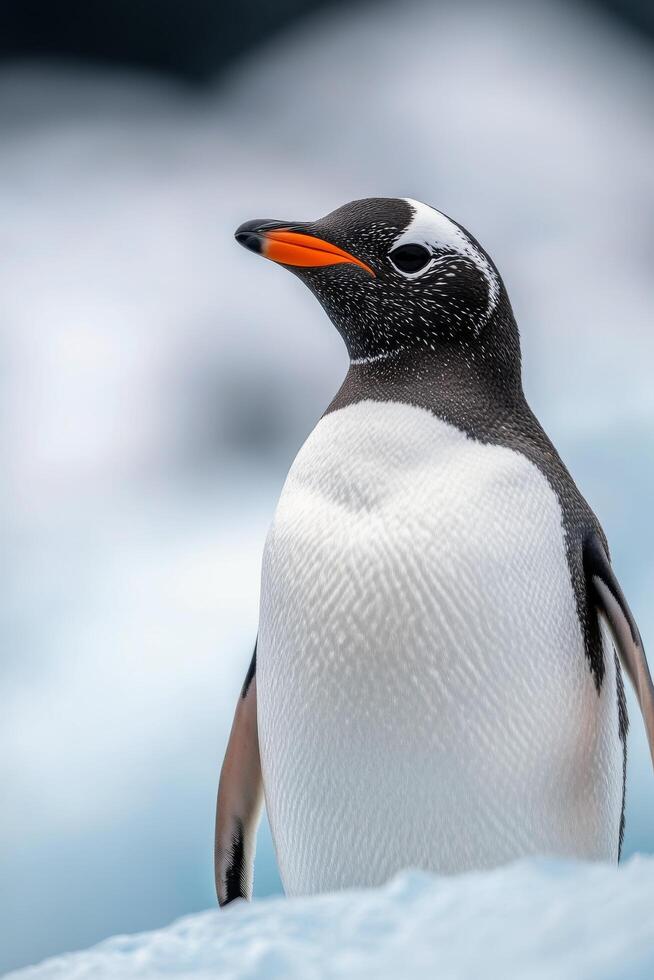 Gentoo penguin standing on snowy landscape with fellow penguins in the background during daylight photo