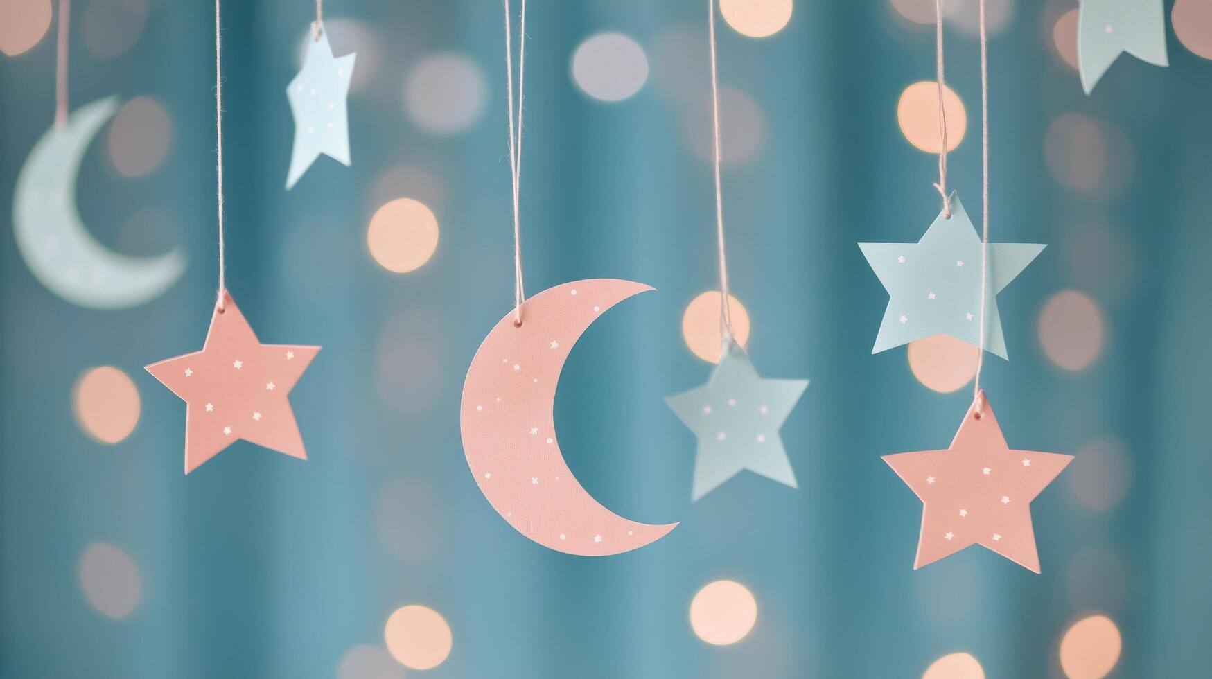 Decorated ceiling with paper stars and moon hanging against a teal backdrop with lights photo