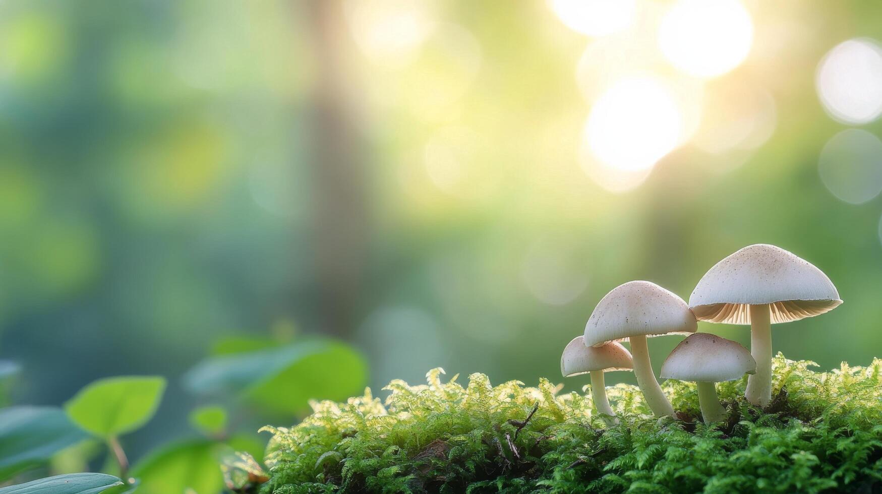 Delicate pink mushrooms growing on moss under soft sunlight in a lush forest setting photo