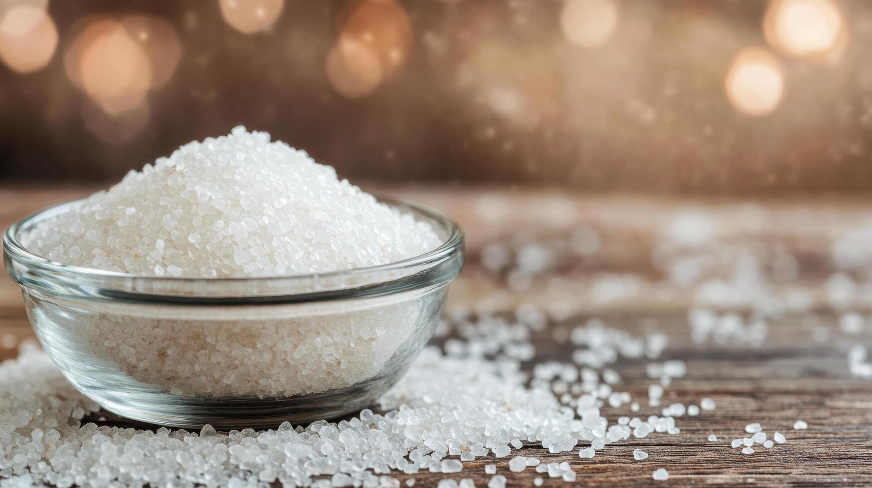 Freshly poured salt in a glass bowl on a rustic wooden table at home in natural lighting photo
