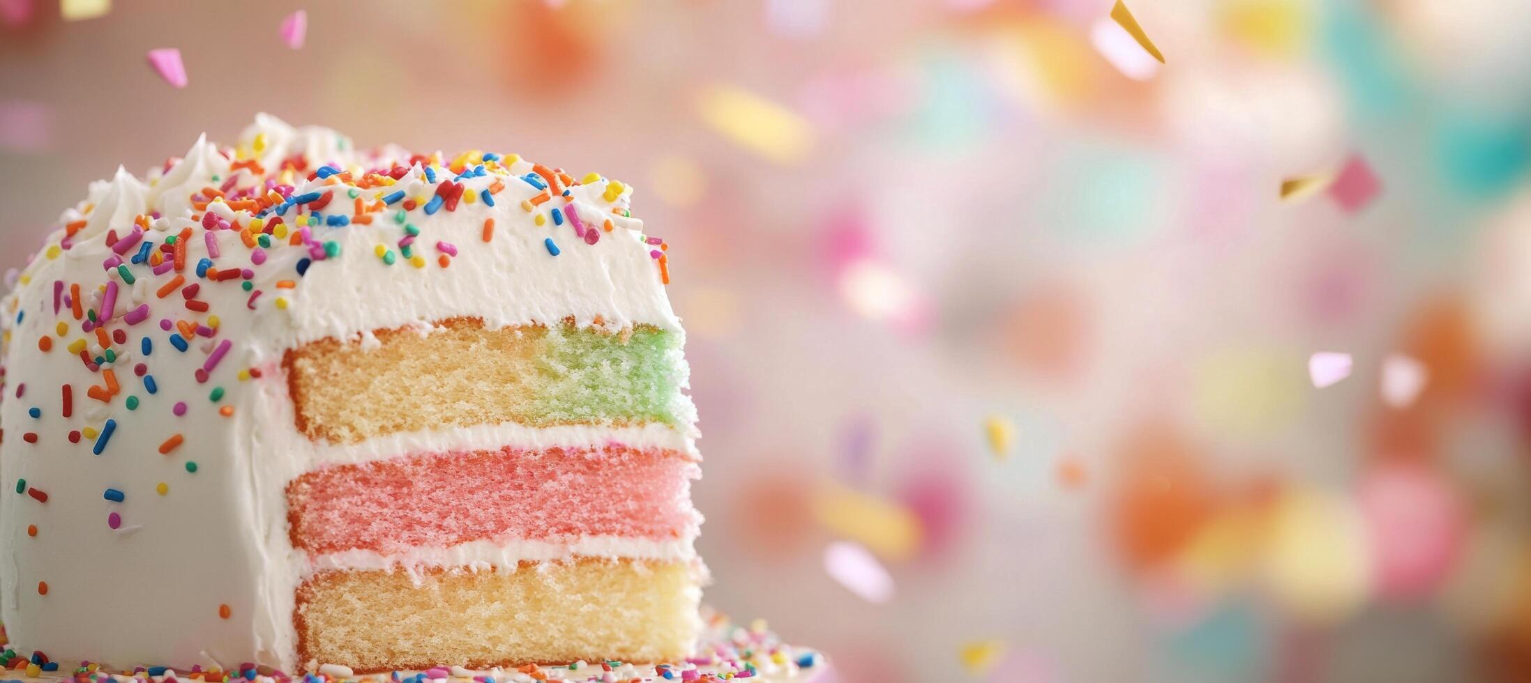 Colorful celebration cake with layers of pink, yellow, and green and vibrant confetti falling photo