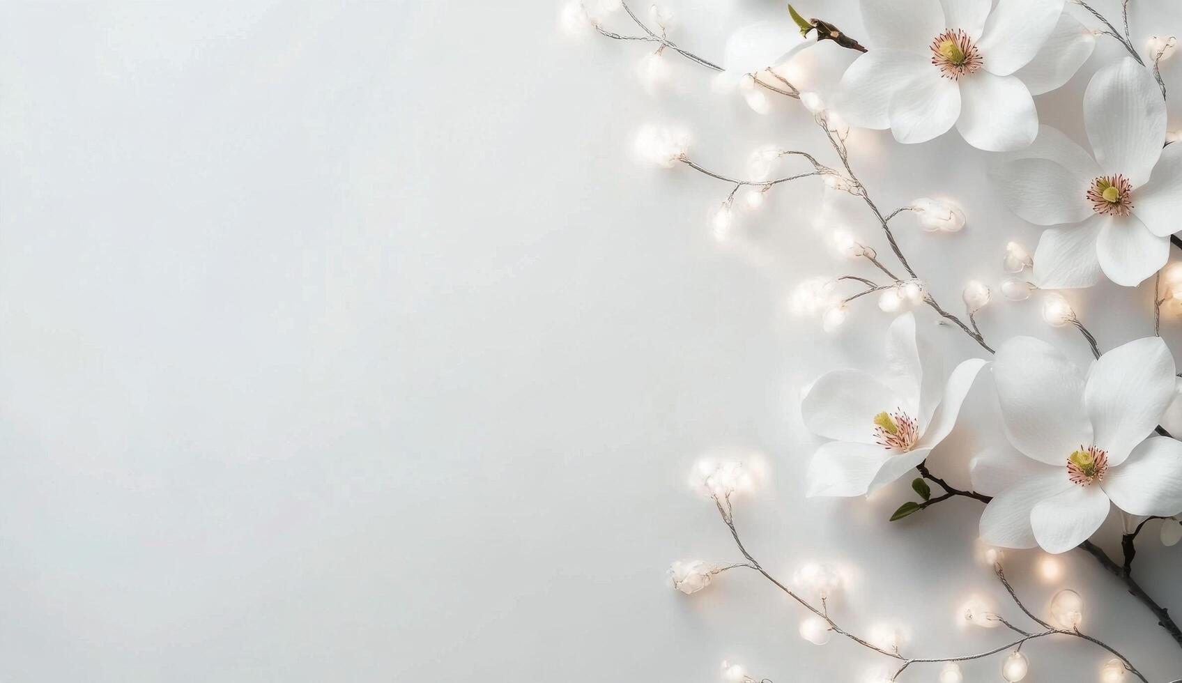 Delicate white flowers against a softly blurred background with twinkling lights photo