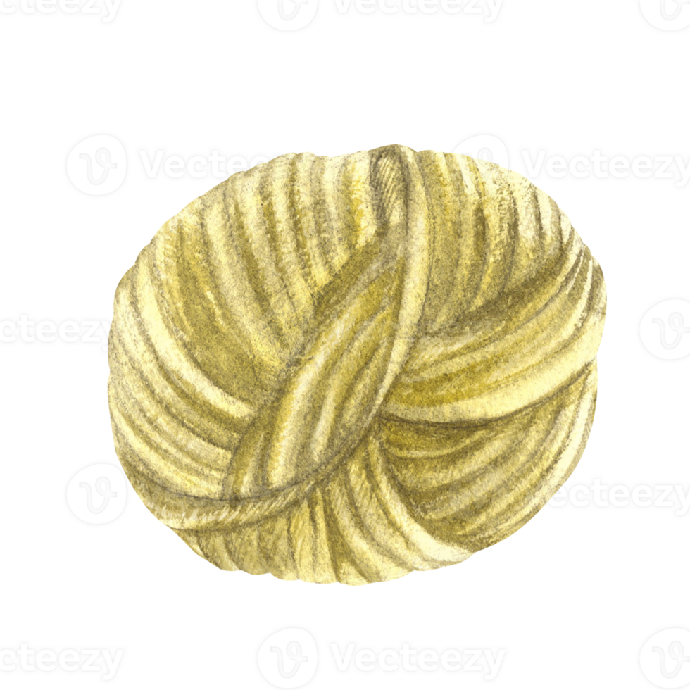 Watercolor ball of yarn. Skein of knitting thread ochre yellow pastel coloured clipart hand drawn illustration Woolen or cotton handmade element for Hobby logo, product label isolated from background png