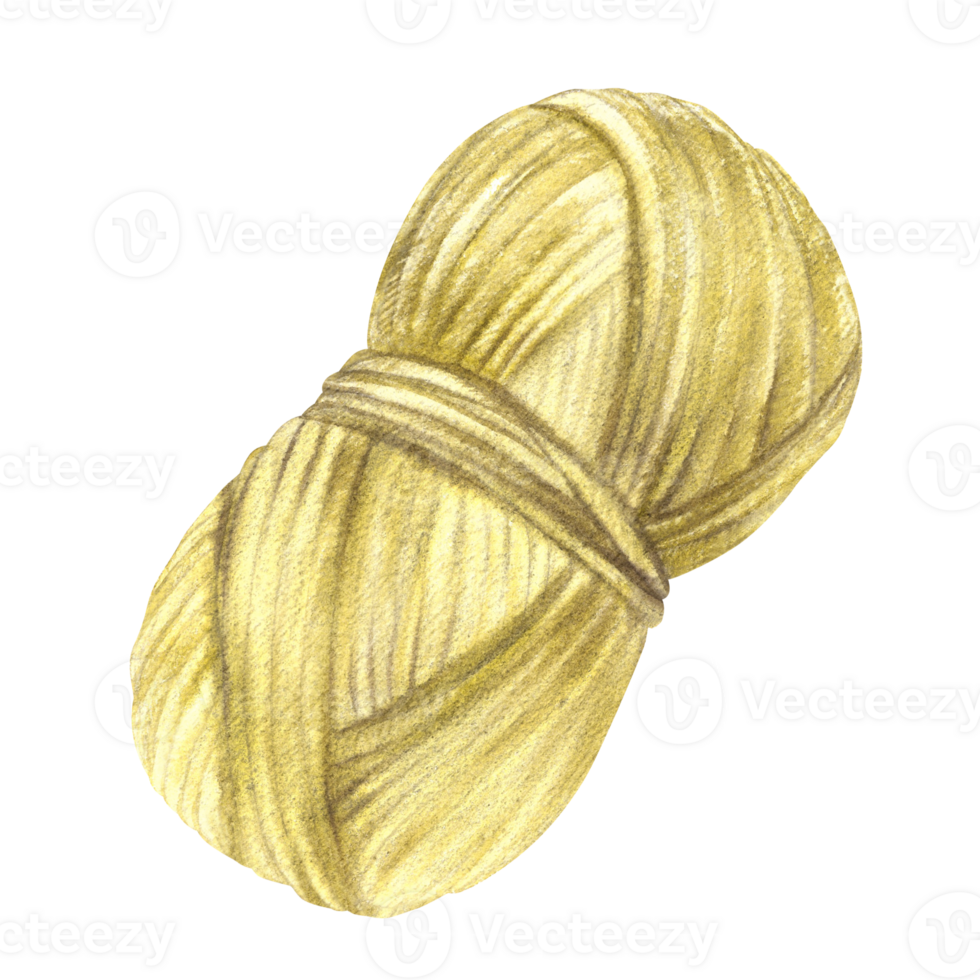 Skein of knitting thread isolated from background. Ochre yellow pastel coloured ball of yarn clipart Watercolor hand drawn illustration. Woolen or cotton handmade element for Hobby logo, product label png
