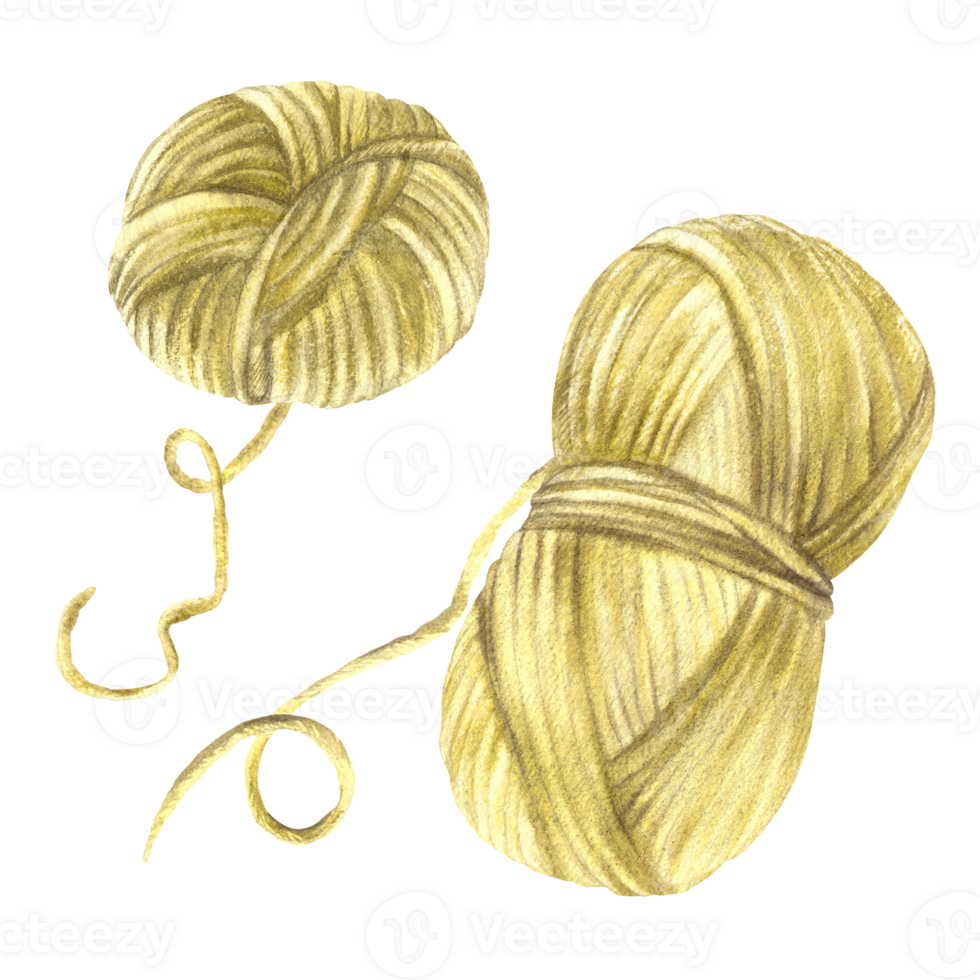 Skein of knitting thread. Green yellow pastel coloured ball of yarn clipart Watercolor hand drawn illustration in realistic style Handmade object set for hobby Tangled threads isolated from background png