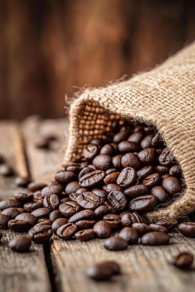 Freshly roasted coffee beans spilling from a burlap sack on rustic wooden surface photo
