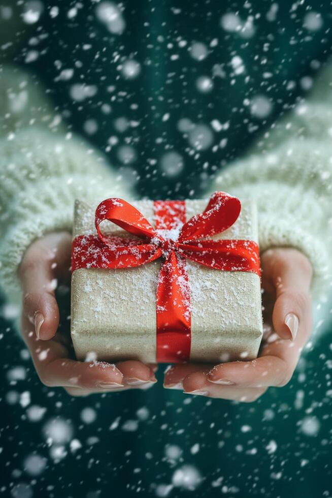A person holds a beautifully wrapped gift with a red bow while snow falls gently around them photo