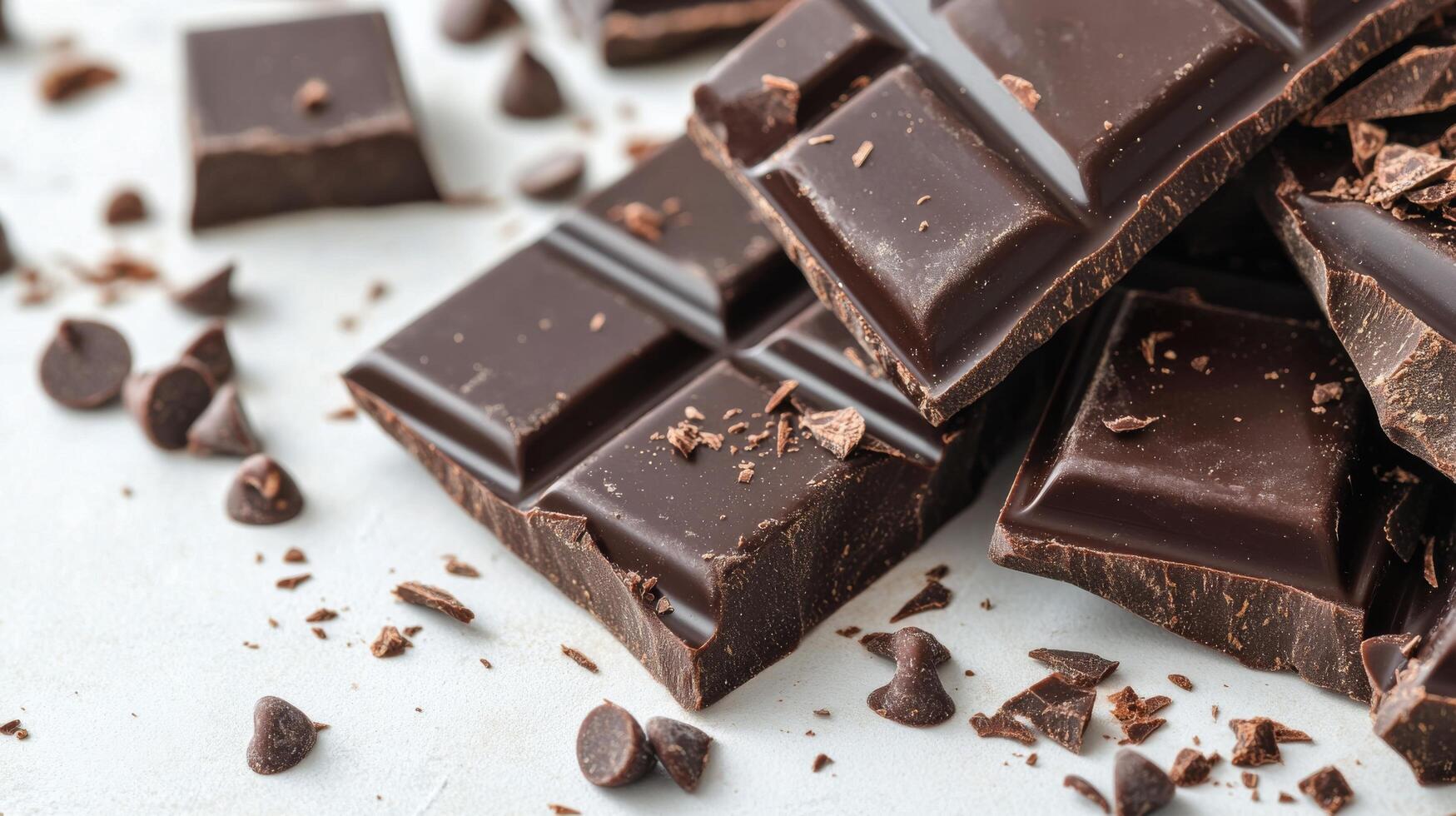 Delightful dark chocolate pieces scattered on a gray surface with chips and crumbs nearby photo