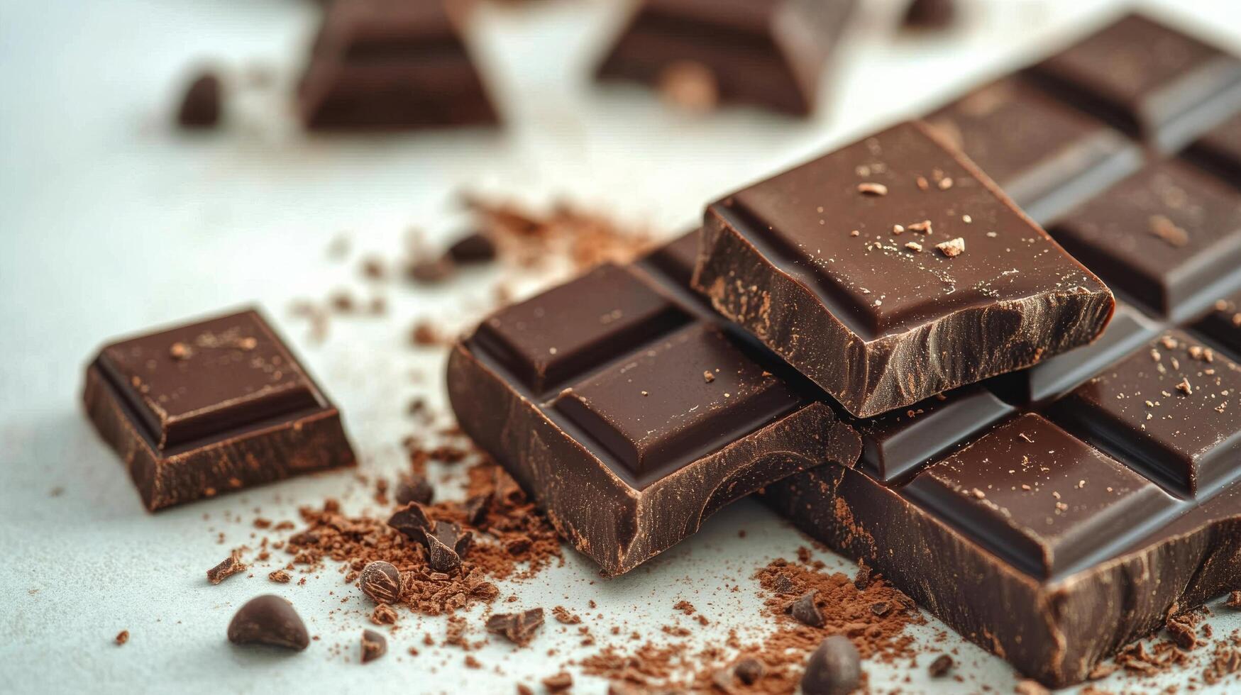 Delightful dark chocolate pieces scattered on a gray surface with chips and crumbs nearby photo