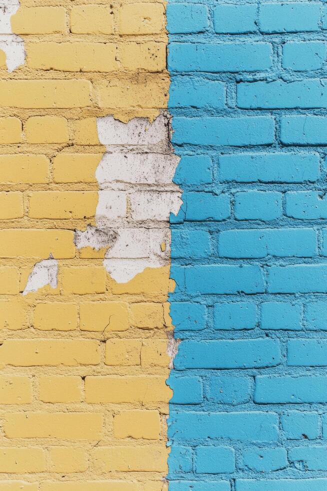 Colorful blue and yellow brick wall showing peeling paint and a faded urban texture photo