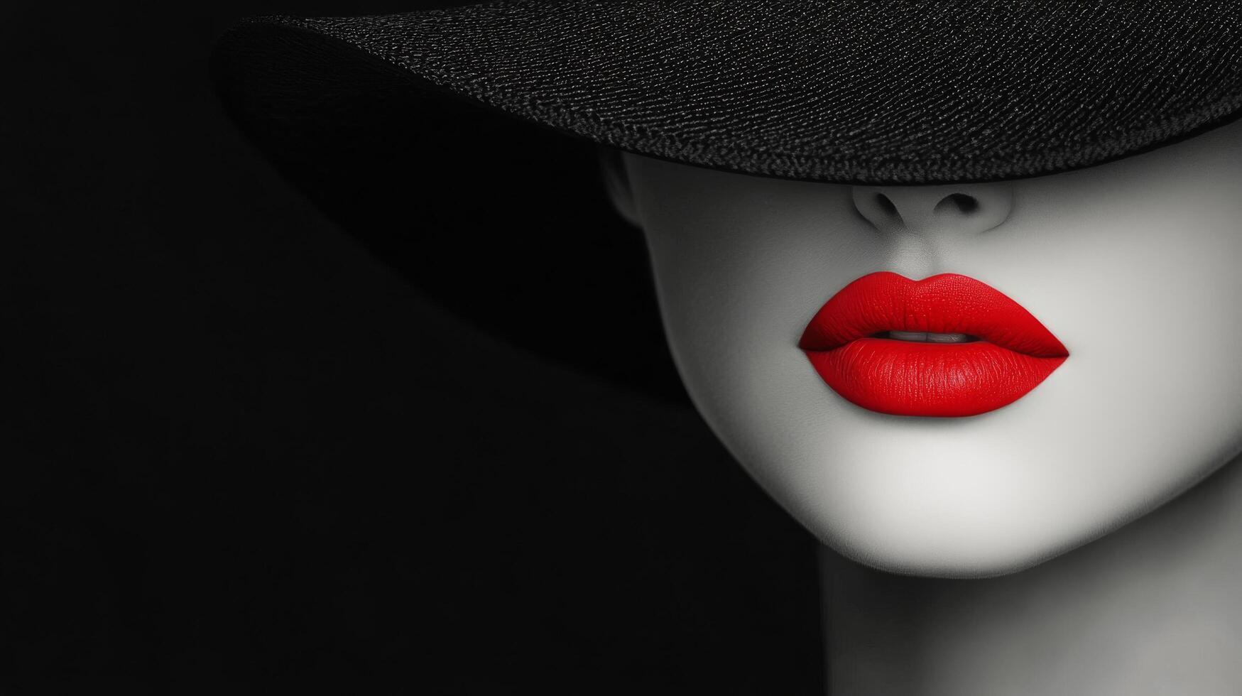 A striking portrait of a woman with red lips and a wide-brimmed black hat in dramatic lighting photo