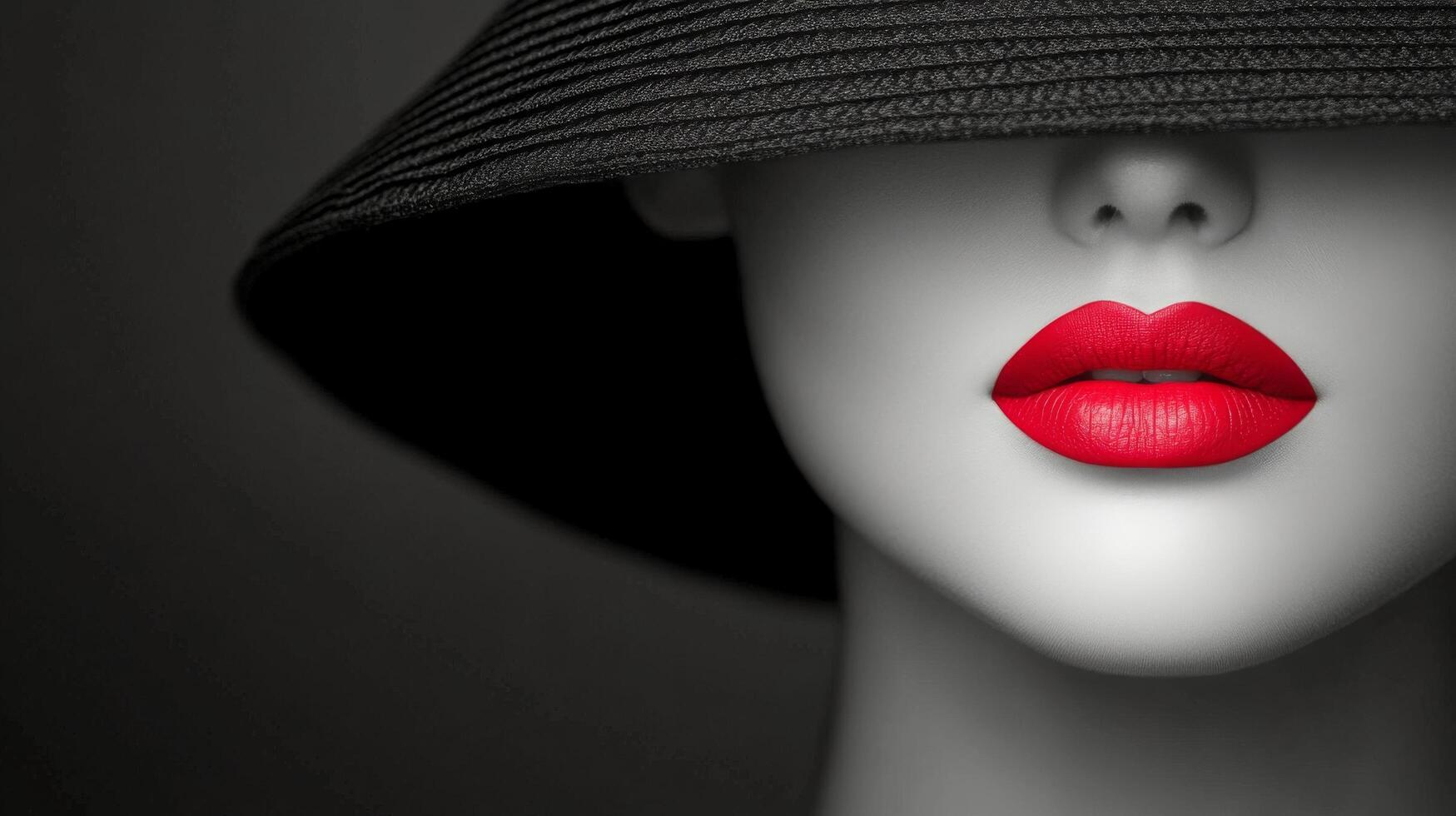 A striking portrait of a woman with red lips and a wide-brimmed black hat in dramatic lighting photo
