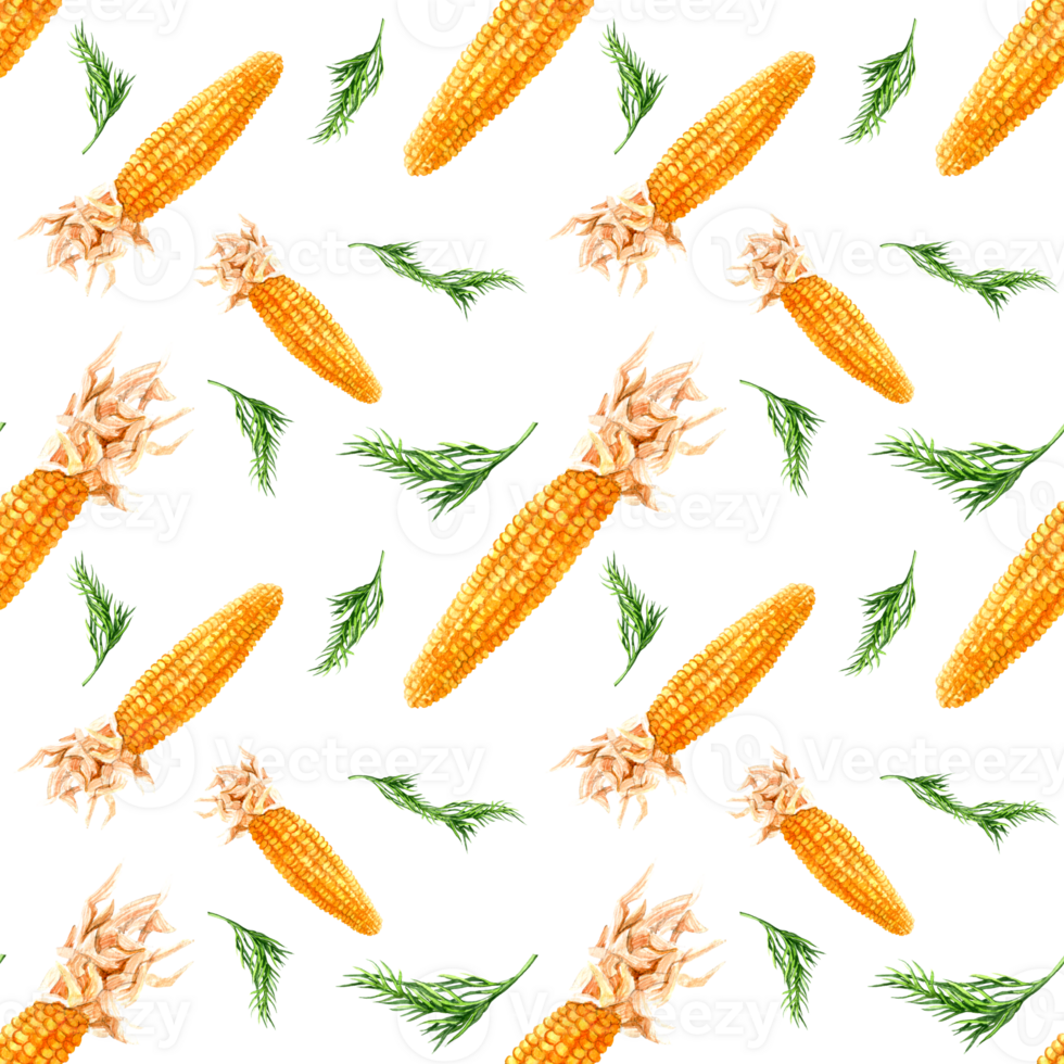 Watercolor seamless pattern with corn and dill. Aquarelle Background of Thanksgiving png