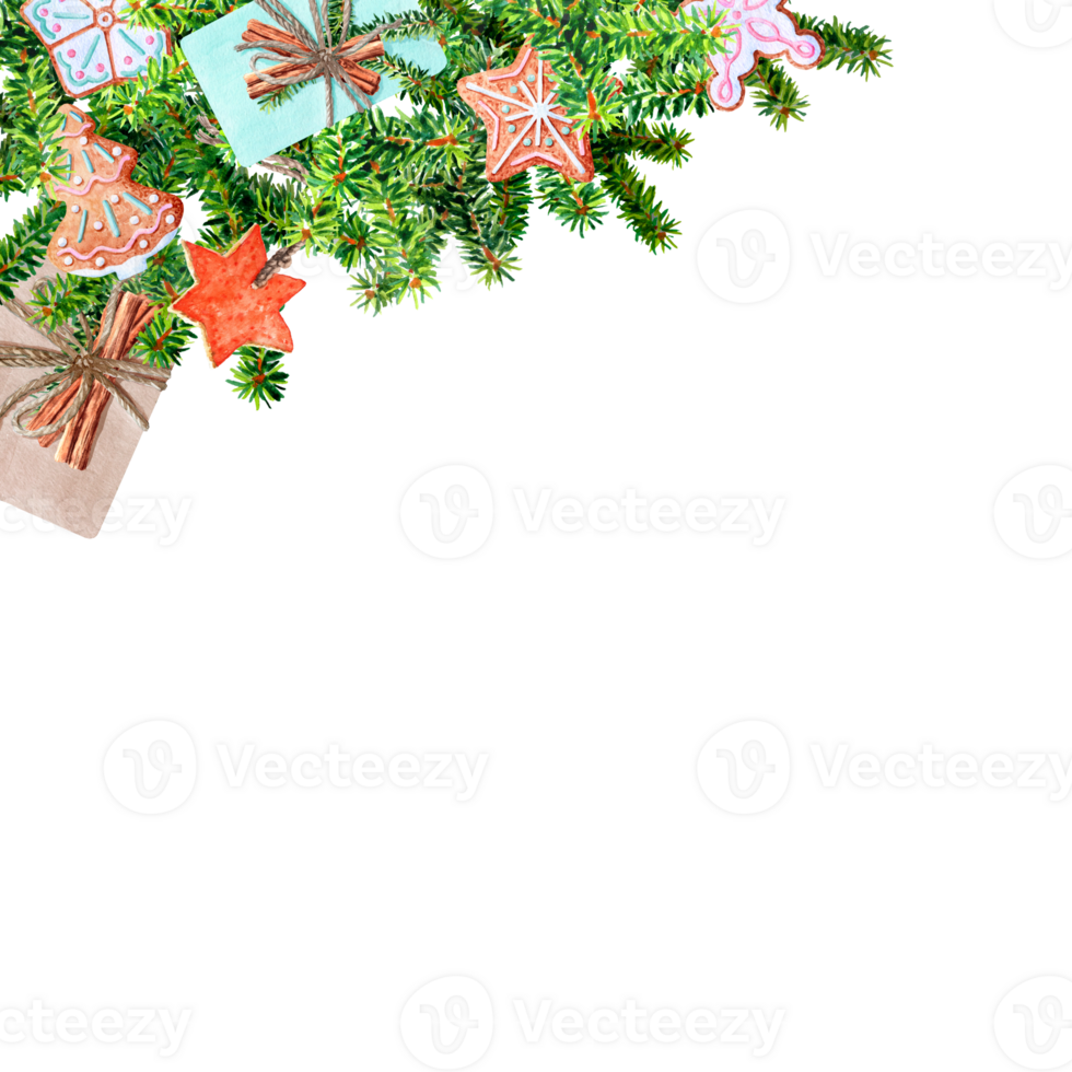 Hand-painted corner of spruce paw, gift boxes and Christmas treats elements solated from Background png