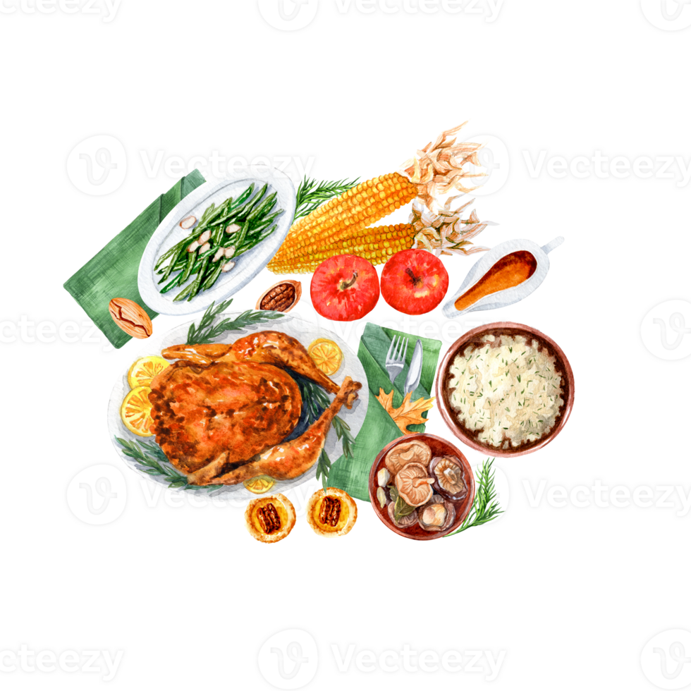 Thanksgiving festive. Hand drawn picture of Aquarelle set of festive dishes png