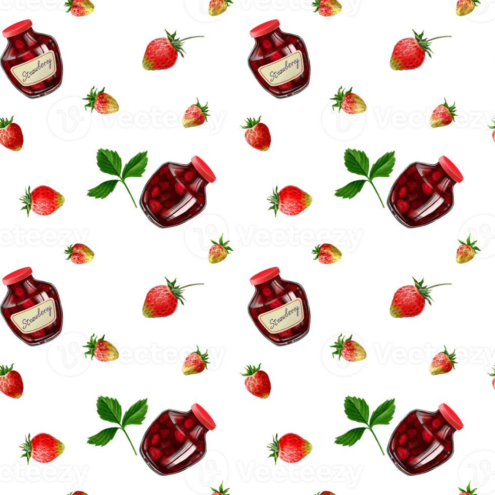 Strawberry jam in glass jars and berries with leaves on the bright seamless background png