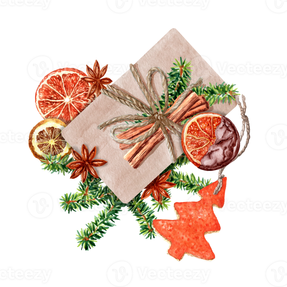 Watercolour Christmas box, dried oranges, spruce paw and The New Year elements on the lid png