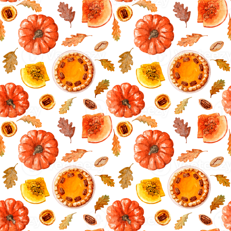 Feast Jointless Background of Thanksgiving. Aquarelle pieces of festive Pumpkin Pastry and Pumpkins png