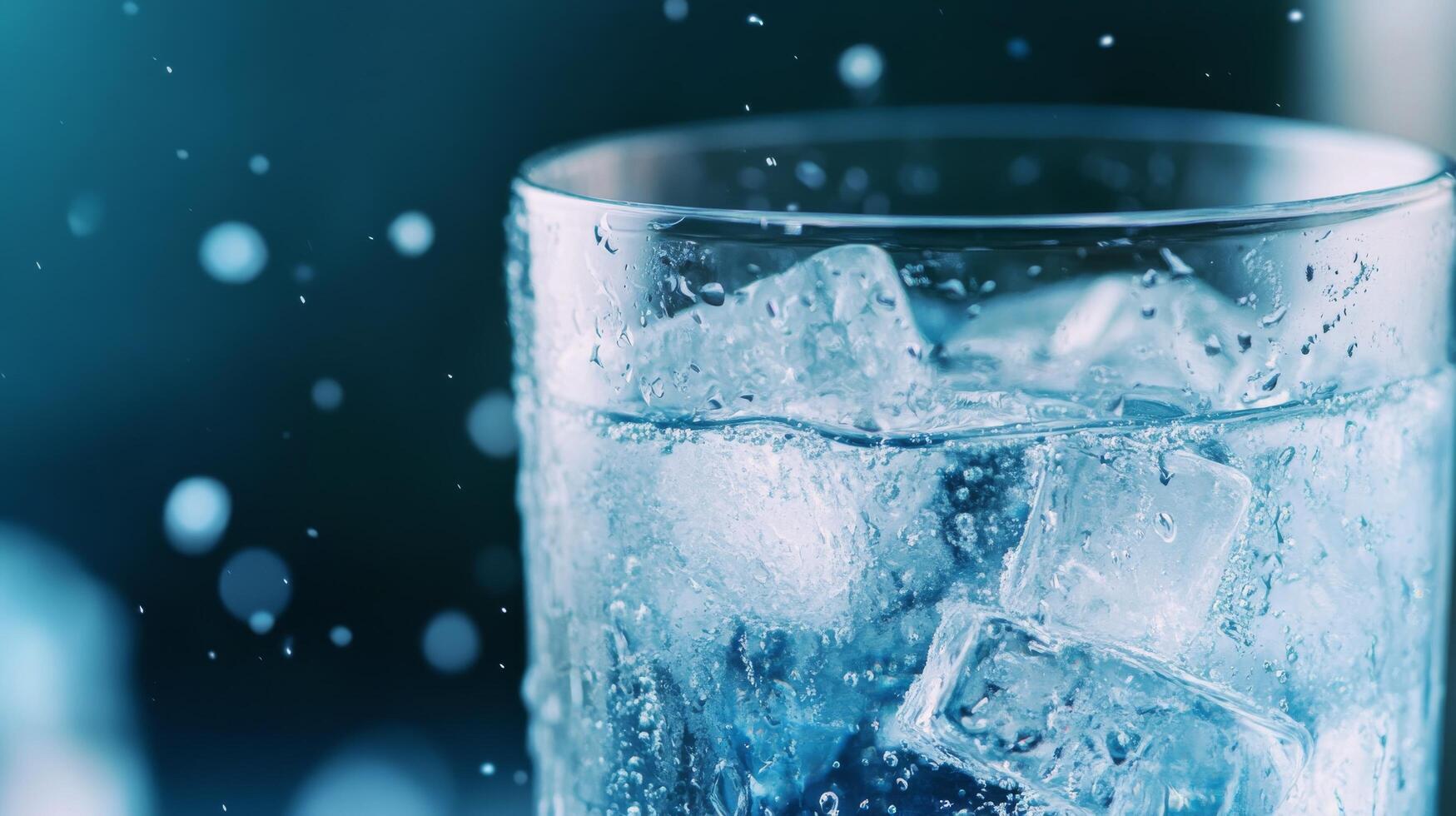 Refreshing glass of iced water with ice cubes on a table surrounded by soft bokeh lights photo